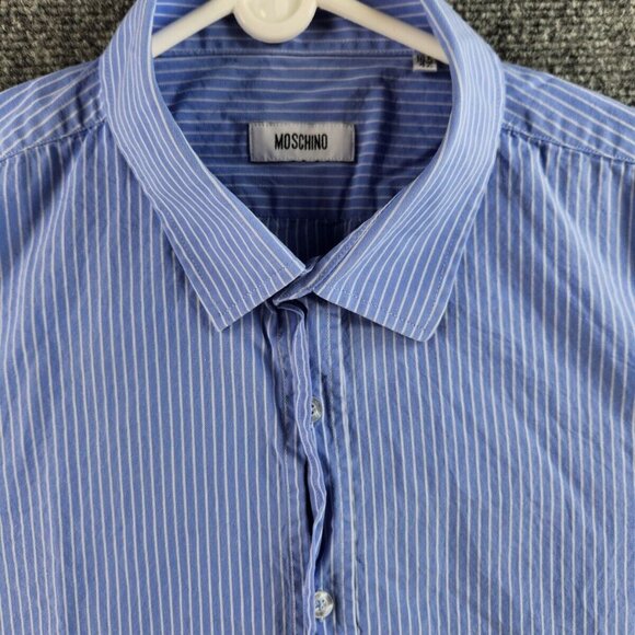 Love Moschino Button Up Shirt Long Sleeve Blue Striped Size 16.5 Designer Heart - Picture 1 of 16